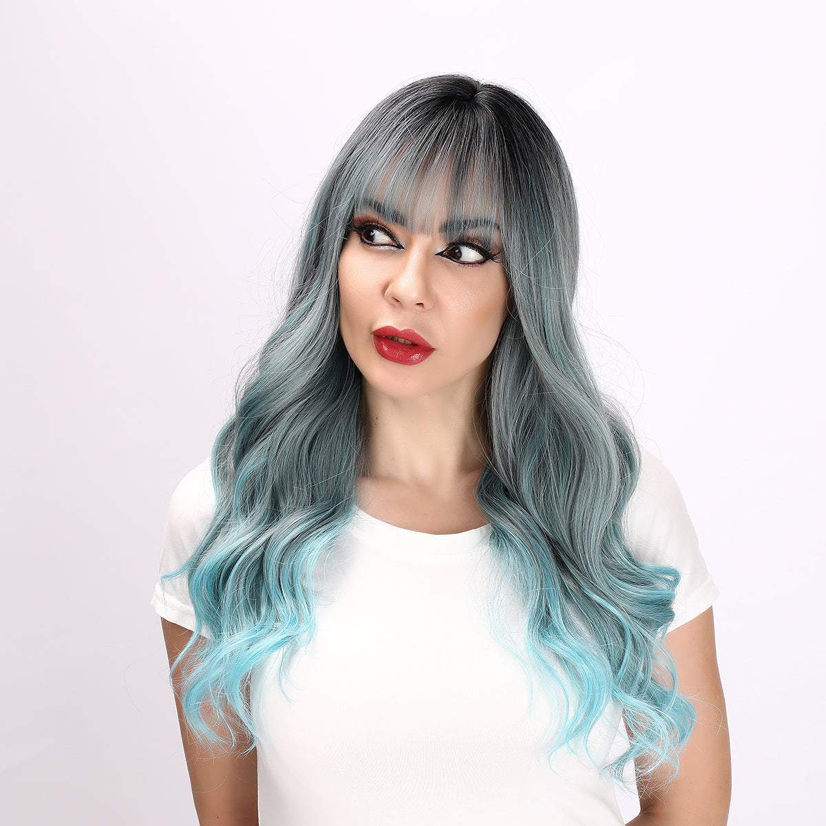 28-inch | Blue-gray gradient Loose Wave with Hair Bangs | SM6162 - TapLike