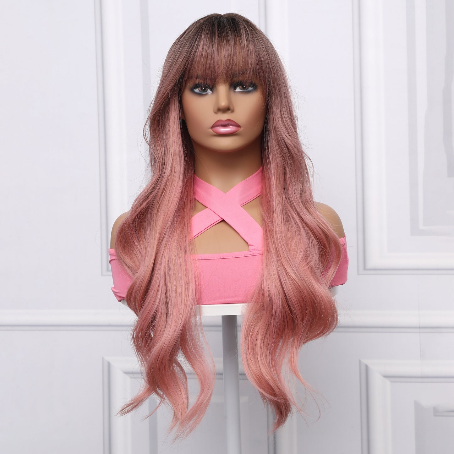 26-inch | Pink and Brown Loose Wave with Hair Bangs | SM6018