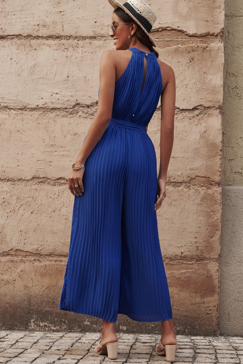 Accordion Pleated Belted Grecian Neck Sleeveless Jumpsuit - Taplike
