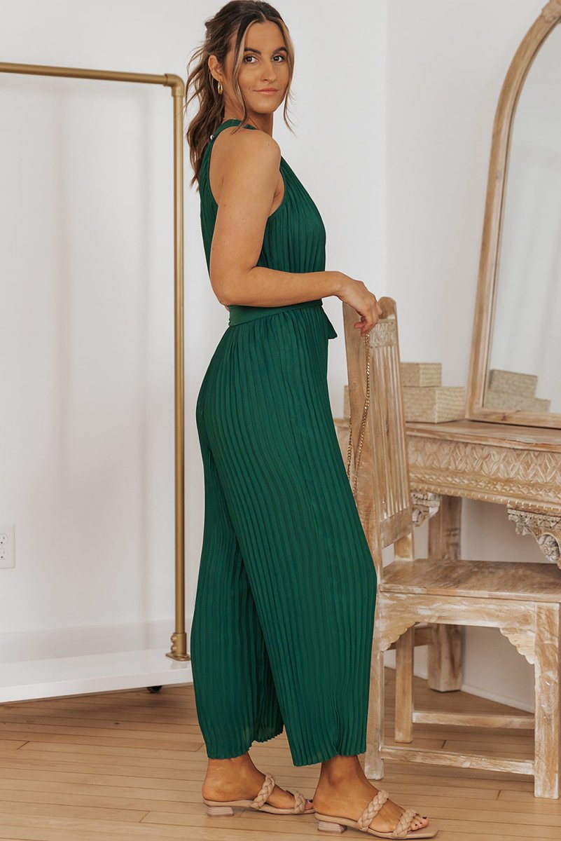 Accordion Pleated Belted Grecian Neck Sleeveless Jumpsuit - Taplike