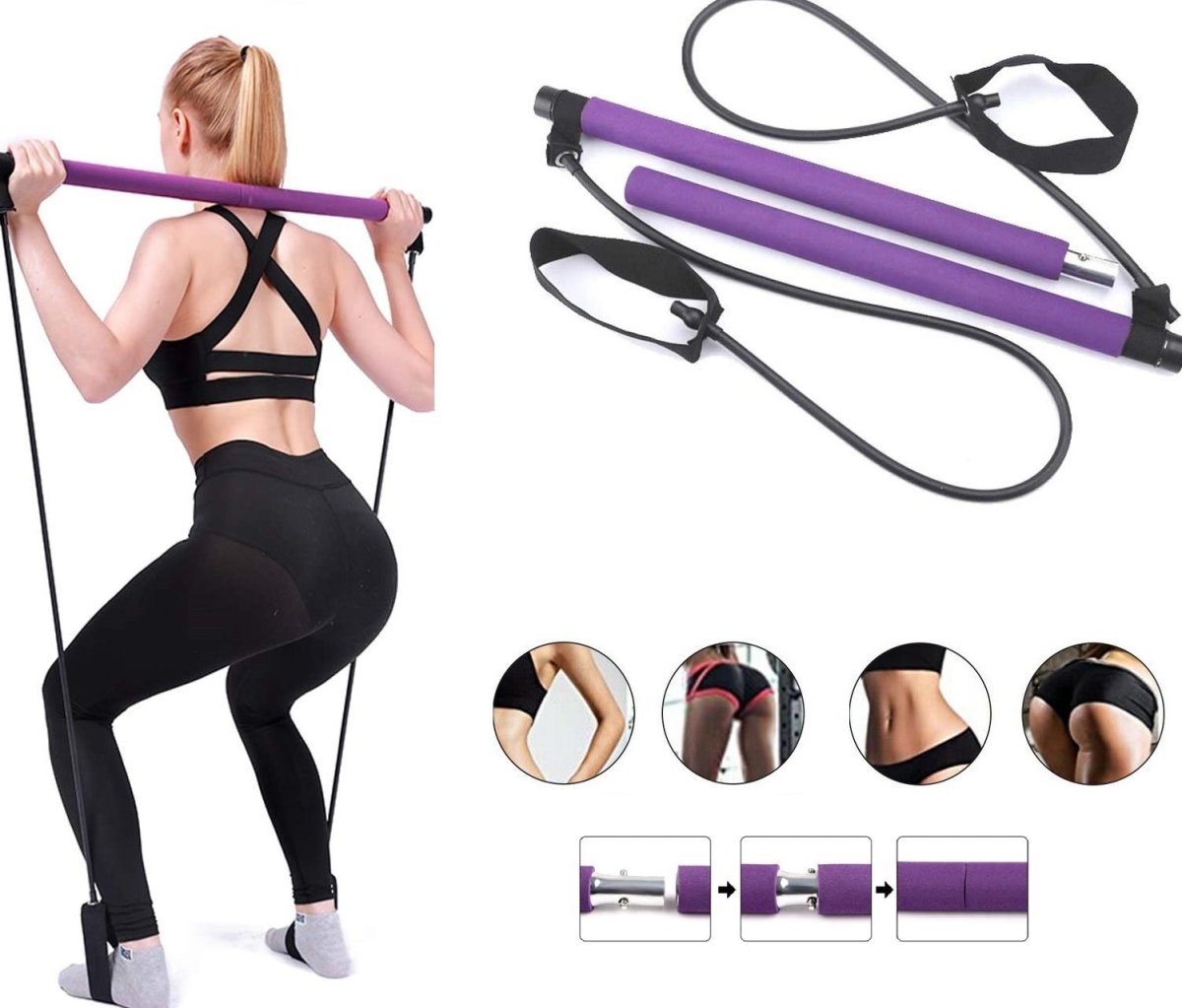 Adjustable Pilates Bar Kit Resistance Band Exercise Stick Toning Gym - Taplike