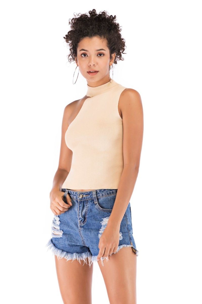 Asymmetrical Sleeveless Rib-Knit Top - TapLike