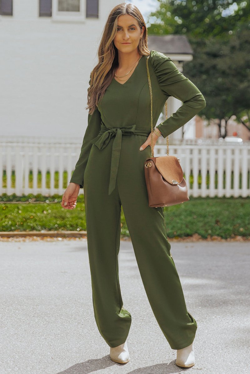 Belted Long Puff Sleeve V-Neck Jumpsuit - TapLike
