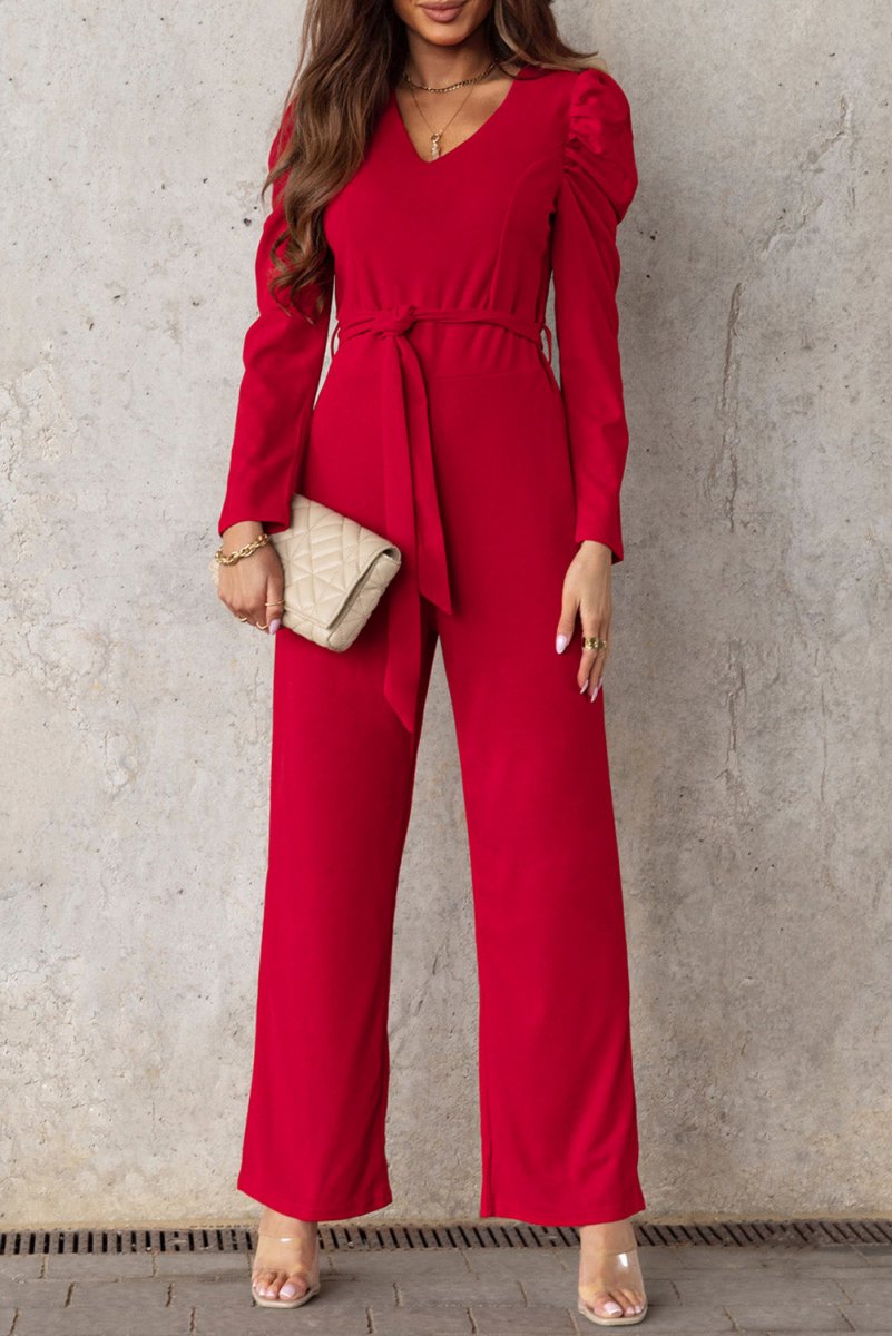 Belted Long Puff Sleeve V-Neck Jumpsuit - TapLike