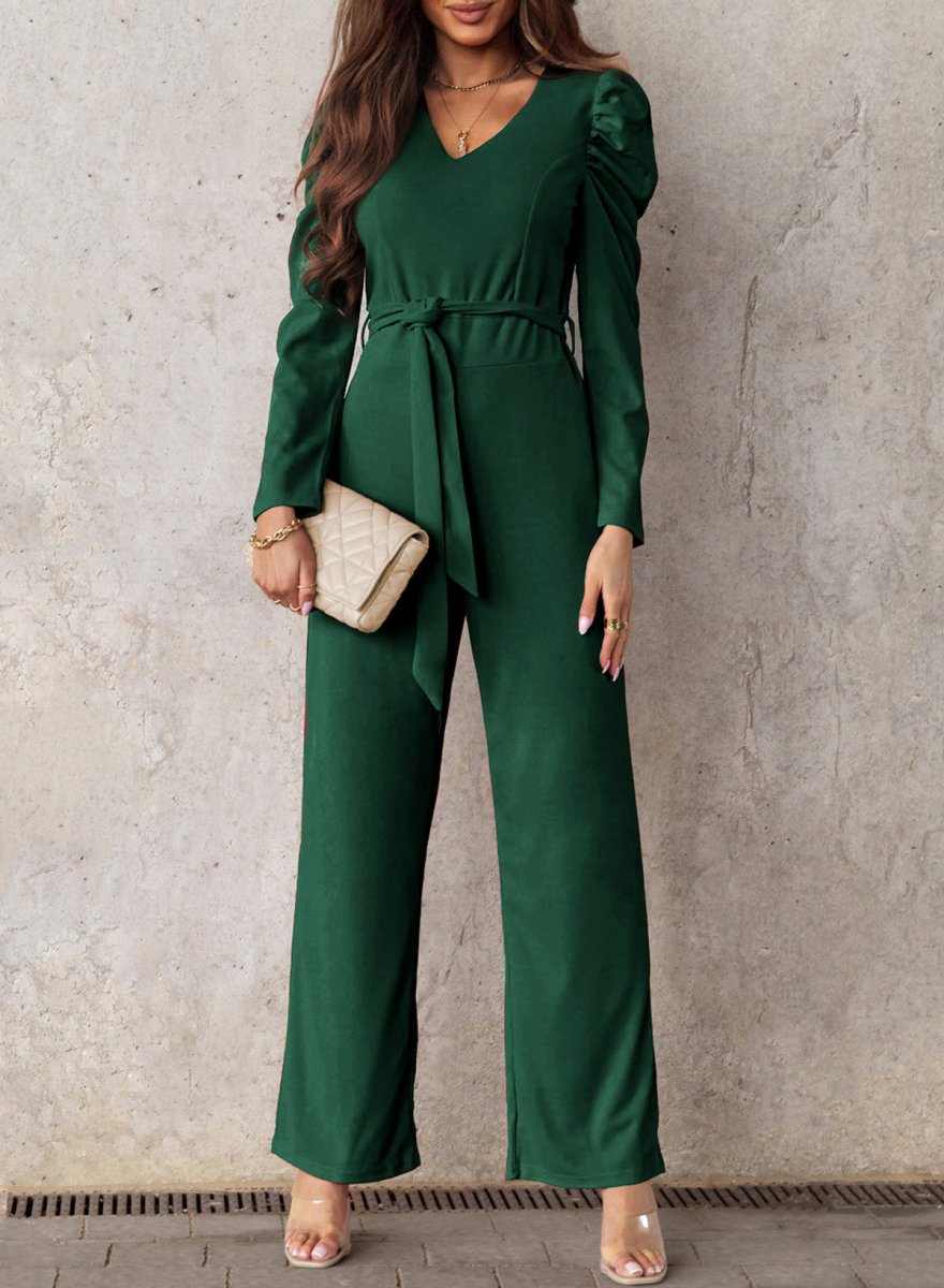 Belted Long Puff Sleeve V-Neck Jumpsuit - Taplike