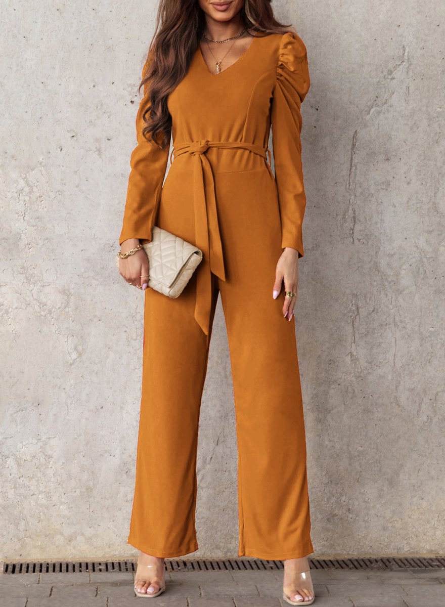Belted Long Puff Sleeve V-Neck Jumpsuit - Taplike