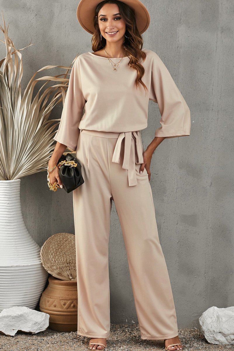 Belted Three-Quarter Sleeve Jumpsuit - Taplike