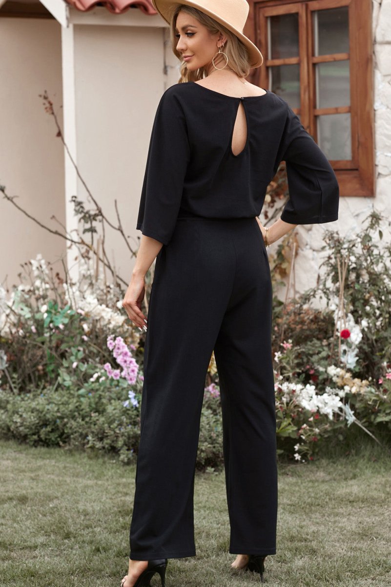 Belted Three-Quarter Sleeve Jumpsuit - Taplike