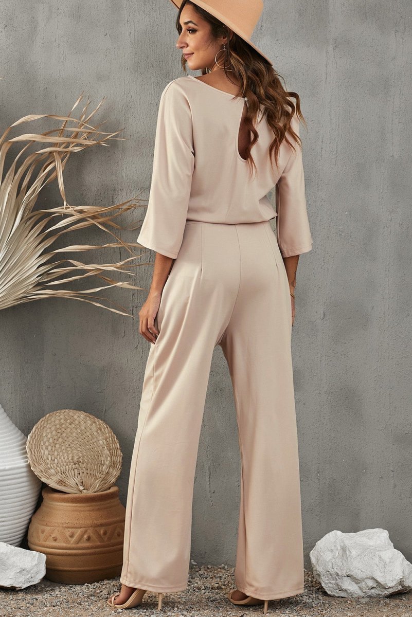 Belted Three-Quarter Sleeve Jumpsuit - Taplike