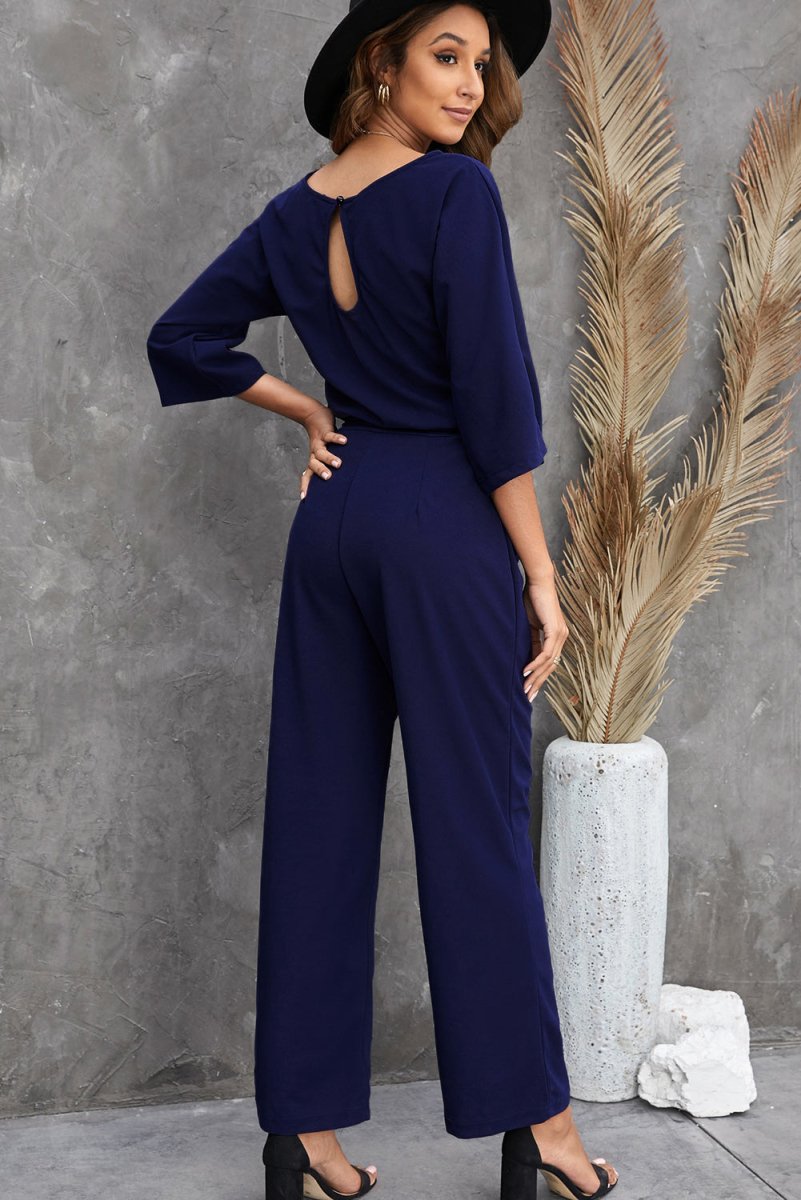 Belted Three-Quarter Sleeve Jumpsuit - Taplike