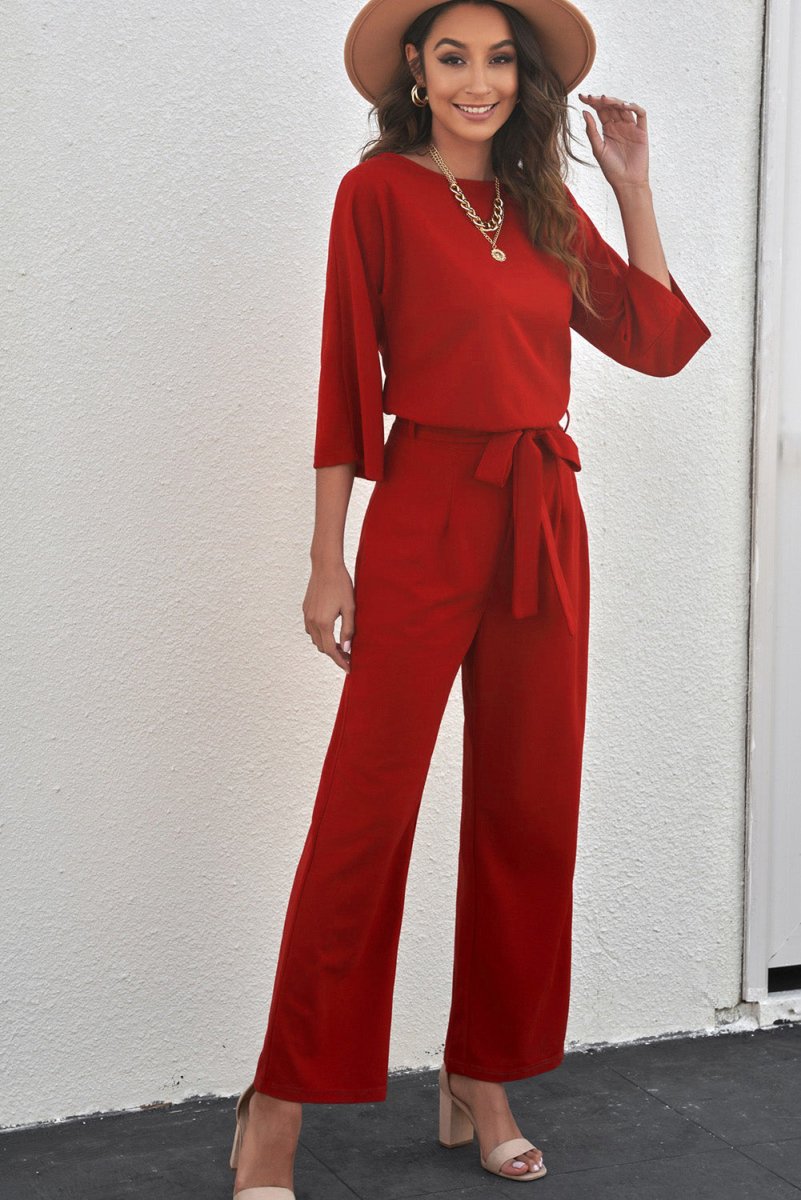 Belted Three-Quarter Sleeve Jumpsuit - Taplike