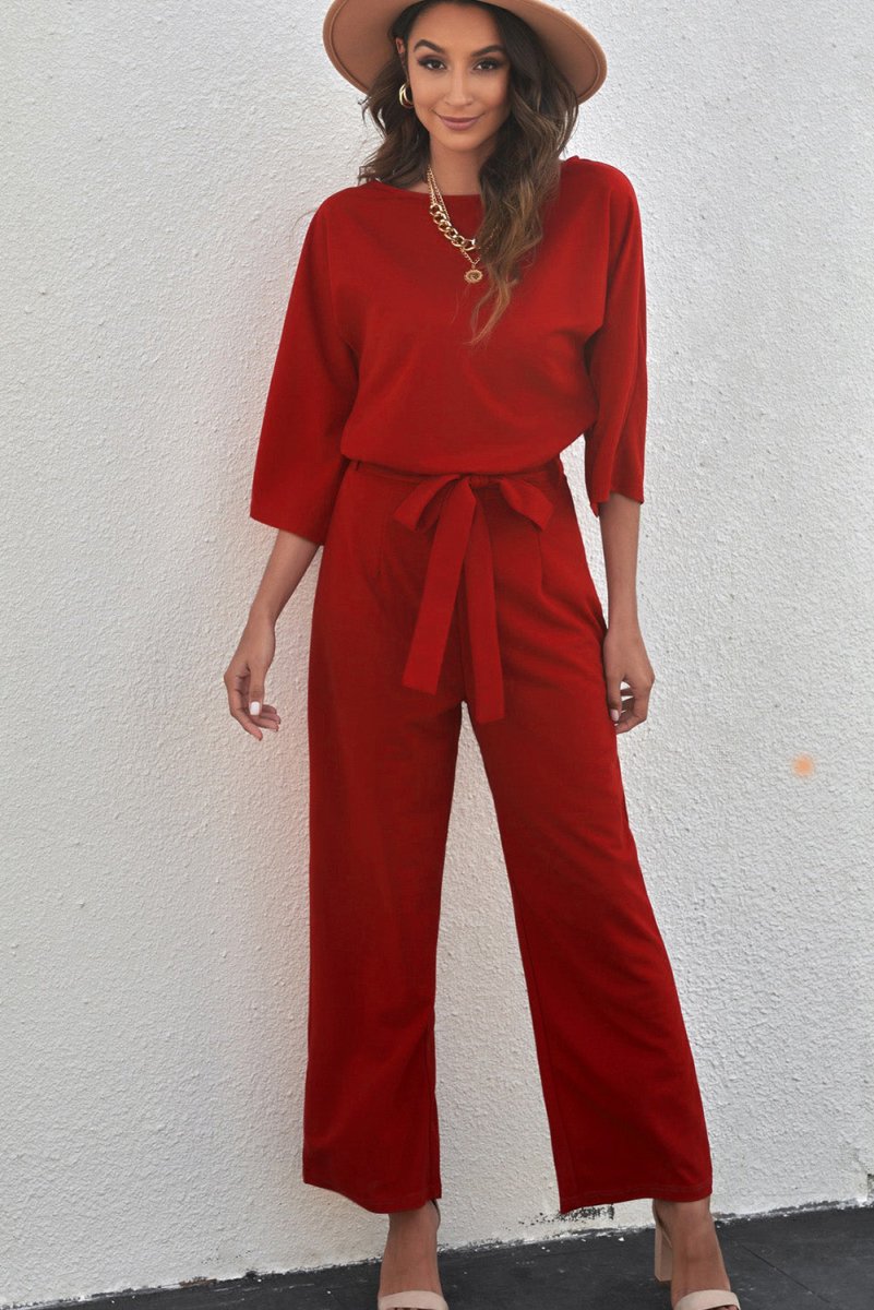 Belted Three-Quarter Sleeve Jumpsuit - Taplike