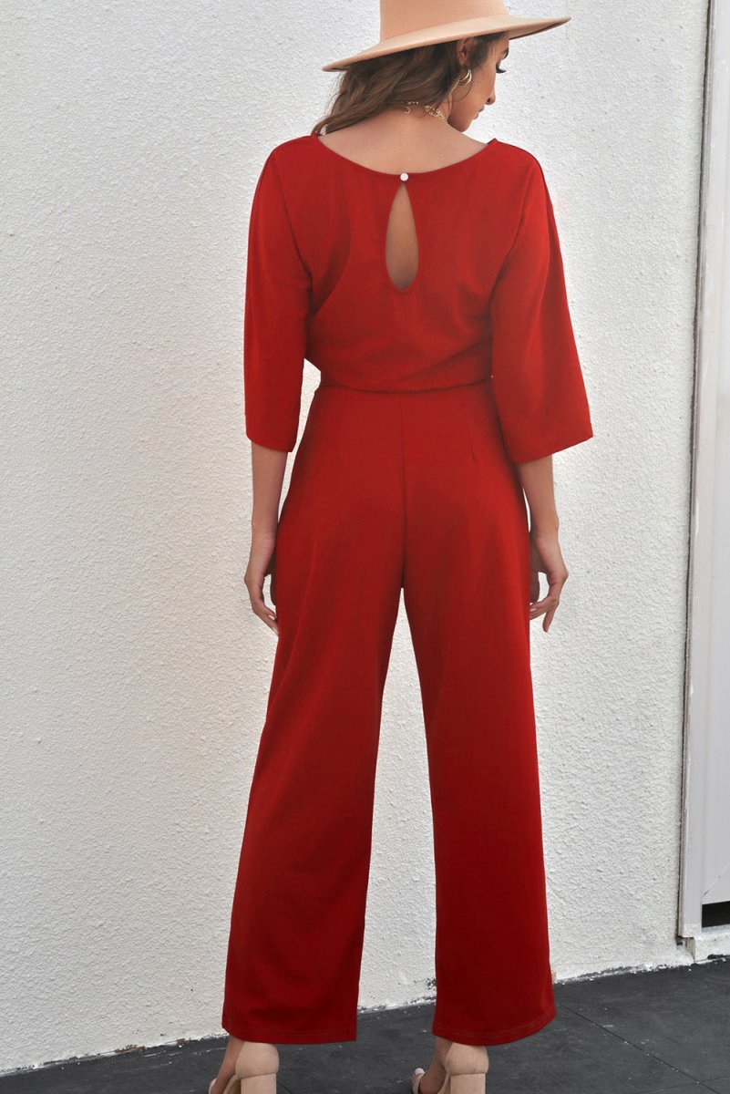 Belted Three-Quarter Sleeve Jumpsuit - Taplike