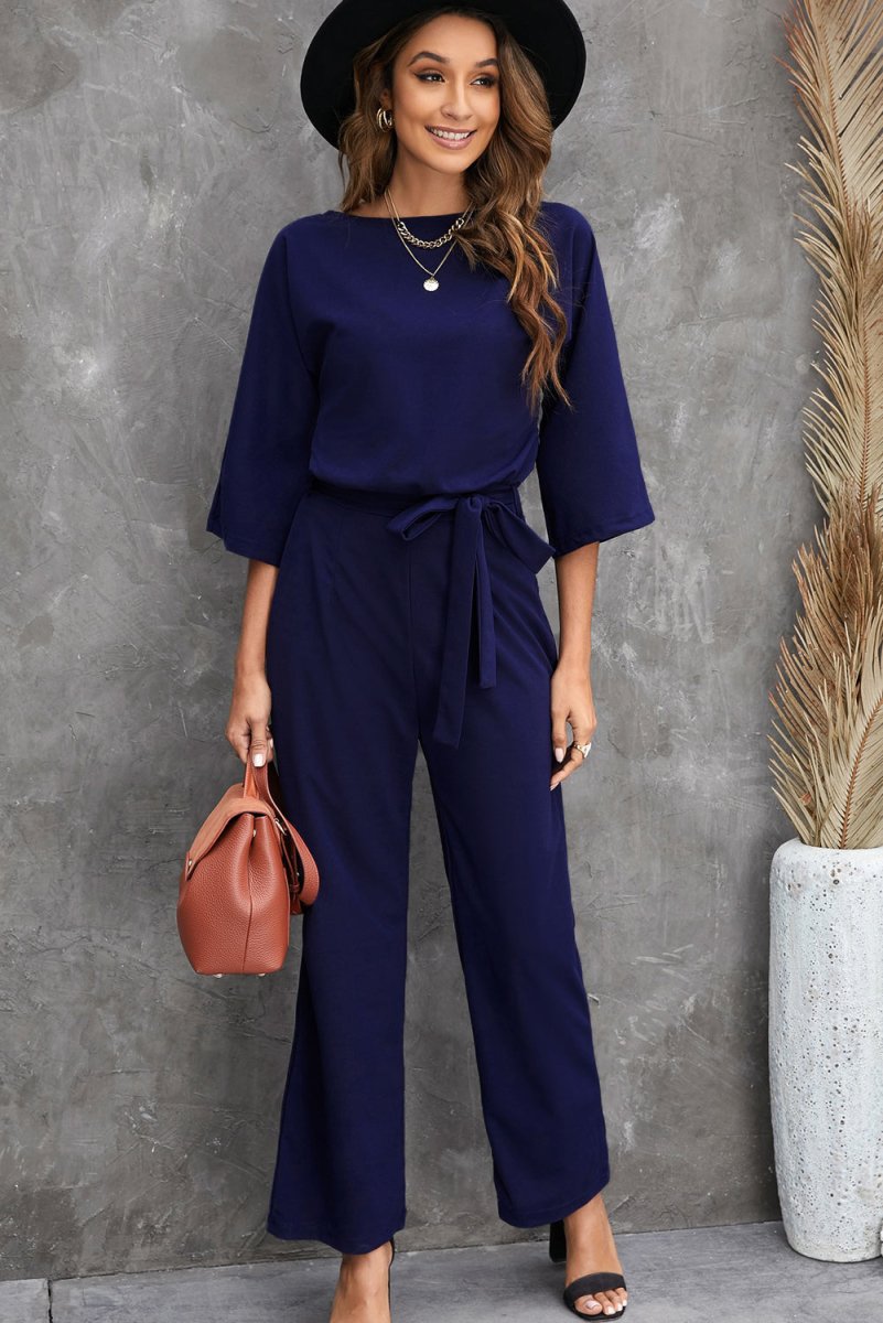 Belted Three-Quarter Sleeve Jumpsuit - Taplike