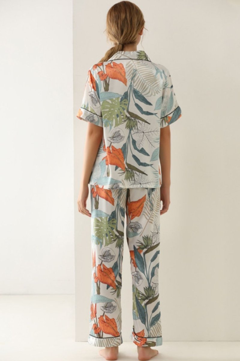 Botanical Print Button-Up Top and Pants Pajama Set - Taplike