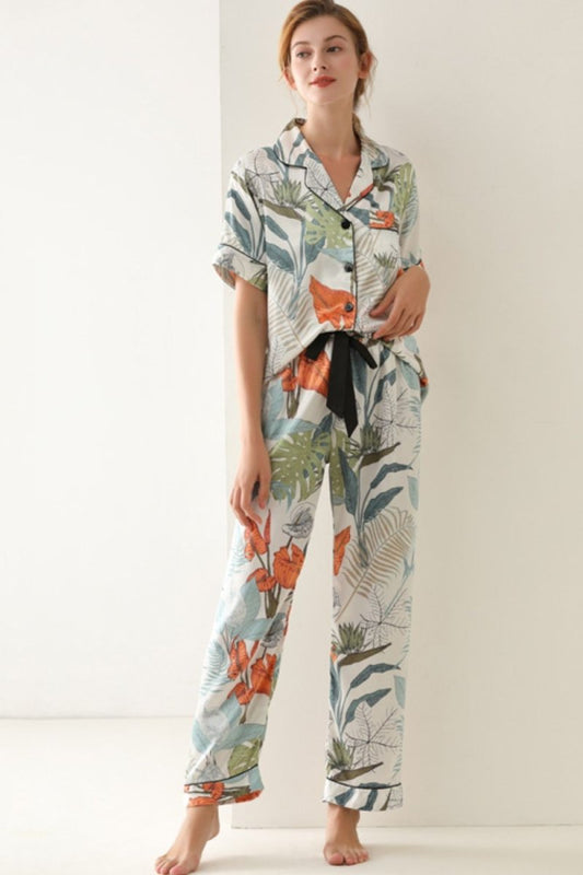 Botanical Print Button-Up Top and Pants Pajama Set - Taplike