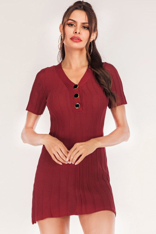 Buttoned Short Sleeve V-Neck Knit Dress - Taplike