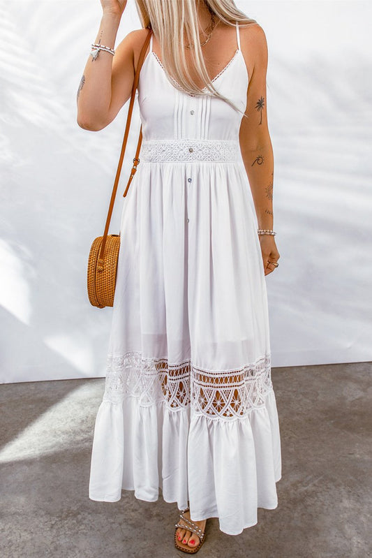 Buttoned Spliced Lace Spaghetti Strap Maxi Dress | 10010062653 - Taplike