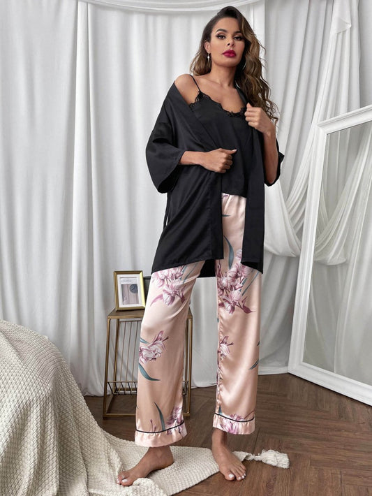Cami, Robe, and Printed Pants Pajama Set - Taplike