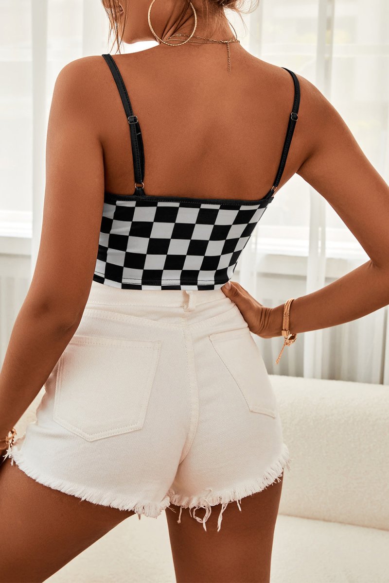 Checkered Adjustable Strap Cropped Cami 10010069797 - TapLike