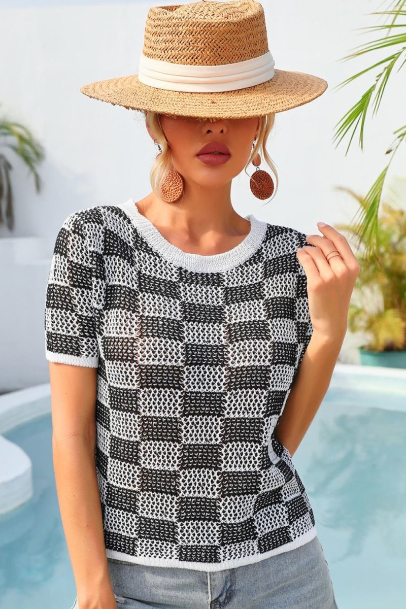 Checkered Short Sleeve Knit Top X - Taplike