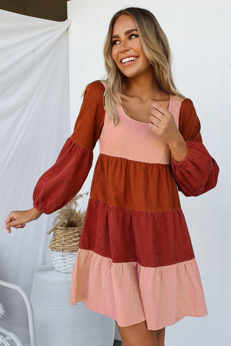 Color Block Square Neck Tiered Dress 10010033923 - TapLike