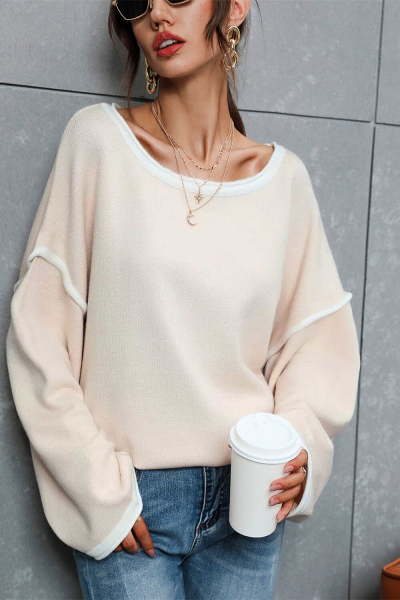 Contrast Detail Dropped Shoulder Knit Pullover | 10010079657 - TapLike