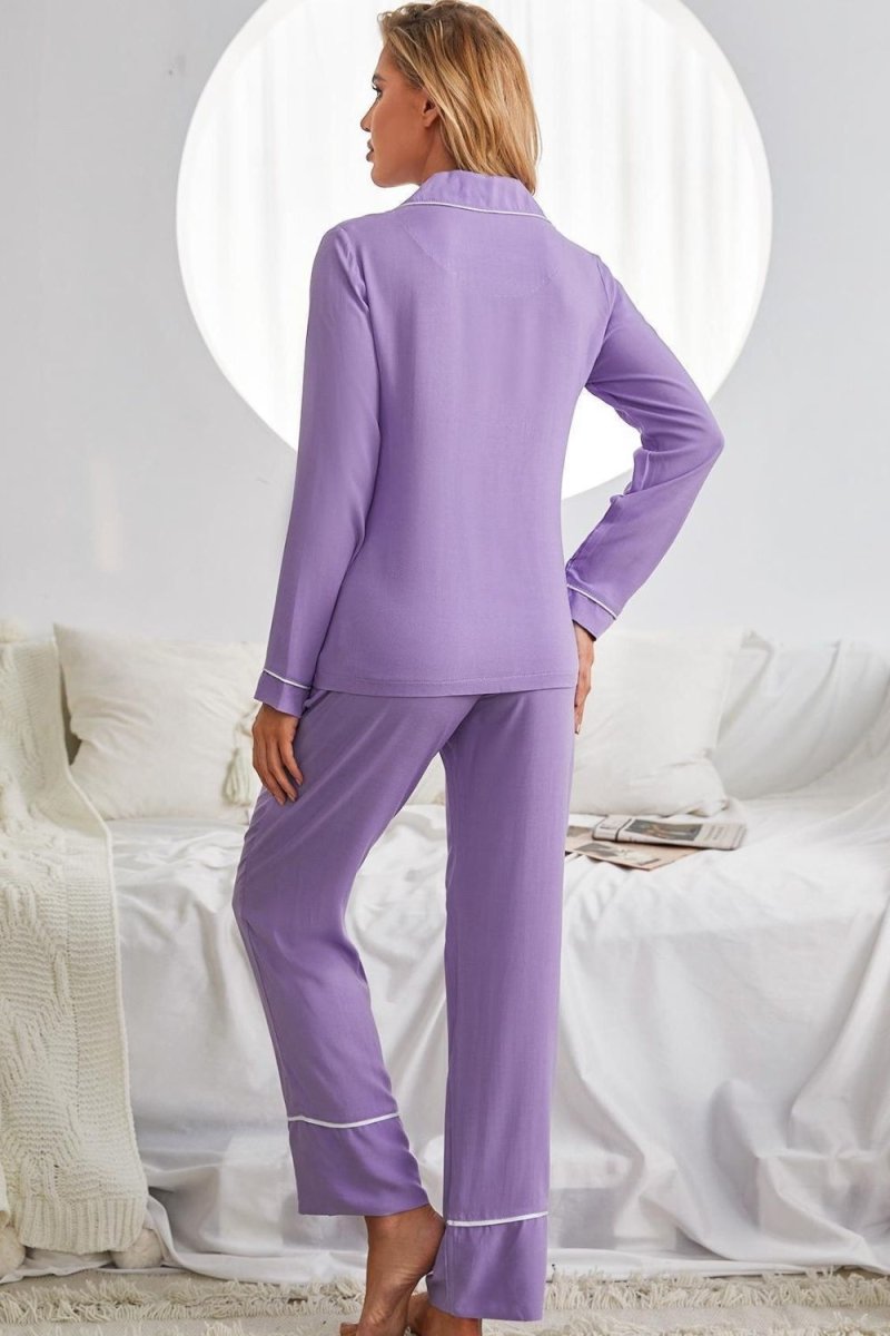 Contrast Lapel Collar Shirt and Pants Pajama Set with Pockets - TapLike