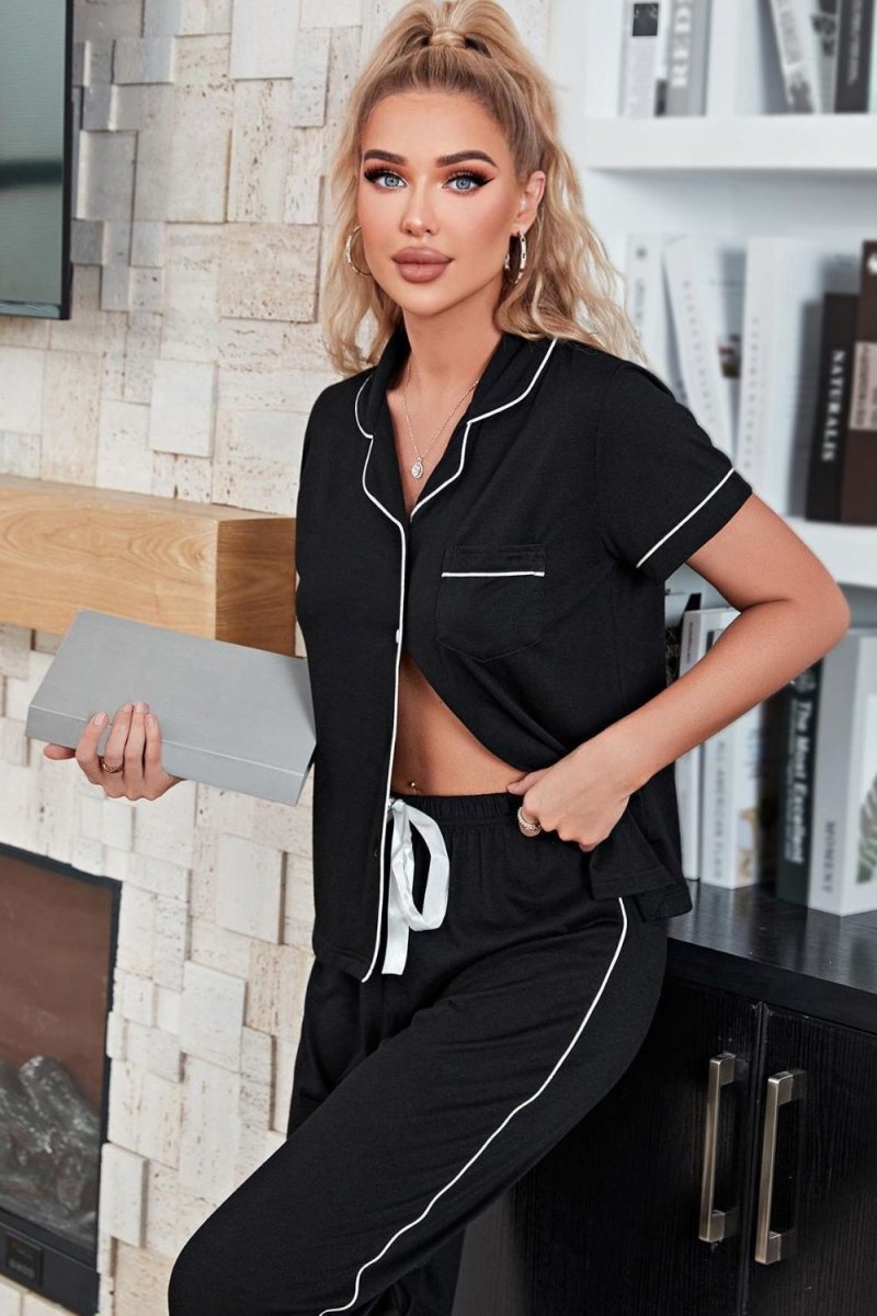 Contrast Piping Short Sleeve Top and Pants Pajama Set - TapLike