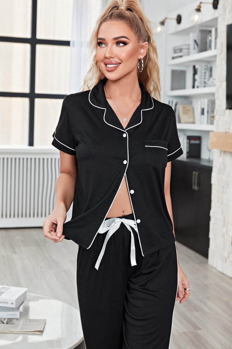 Contrast Piping Short Sleeve Top and Pants Pajama Set - TapLike