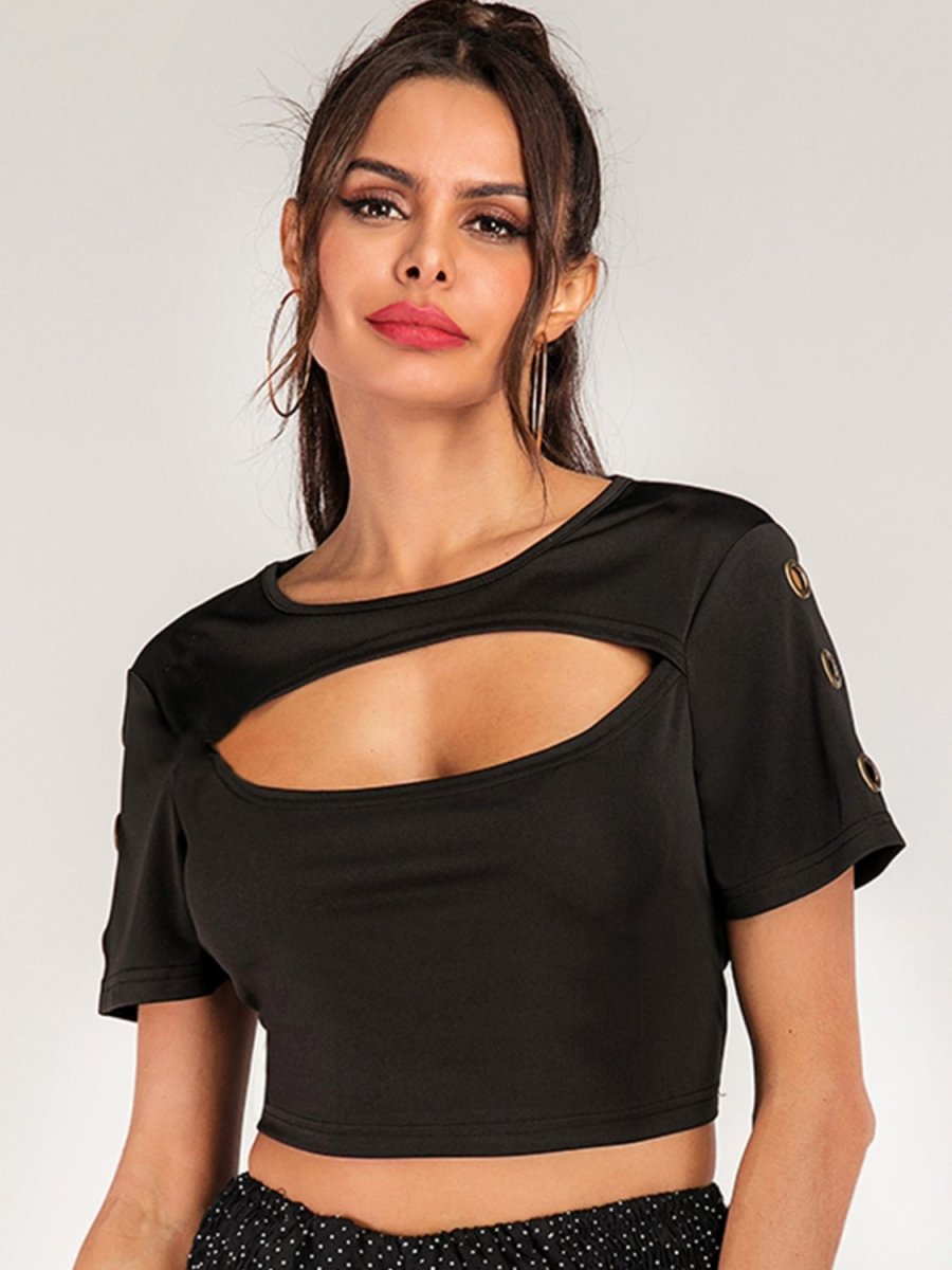 Cutout Grommet Detail Cropped Tee X - Taplike