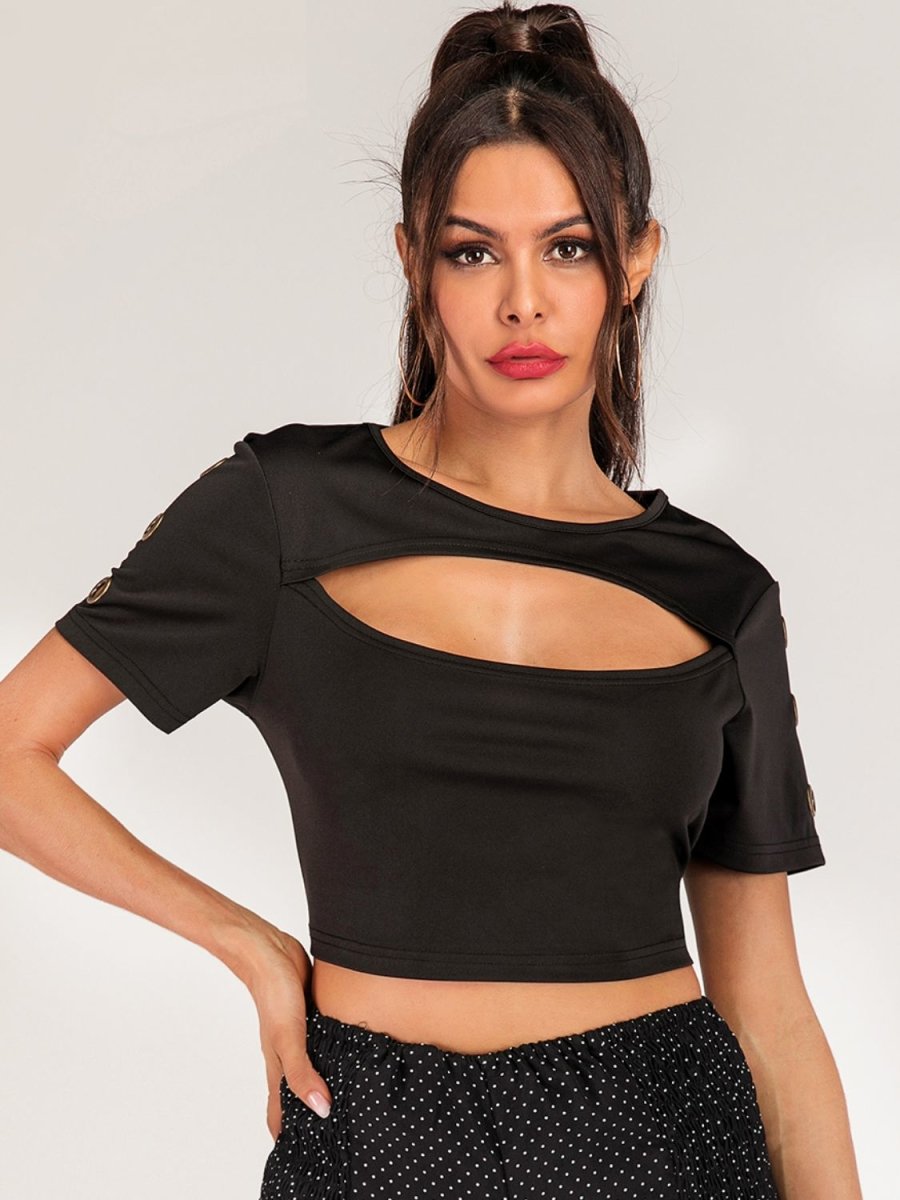 Cutout Grommet Detail Cropped Tee X - Taplike