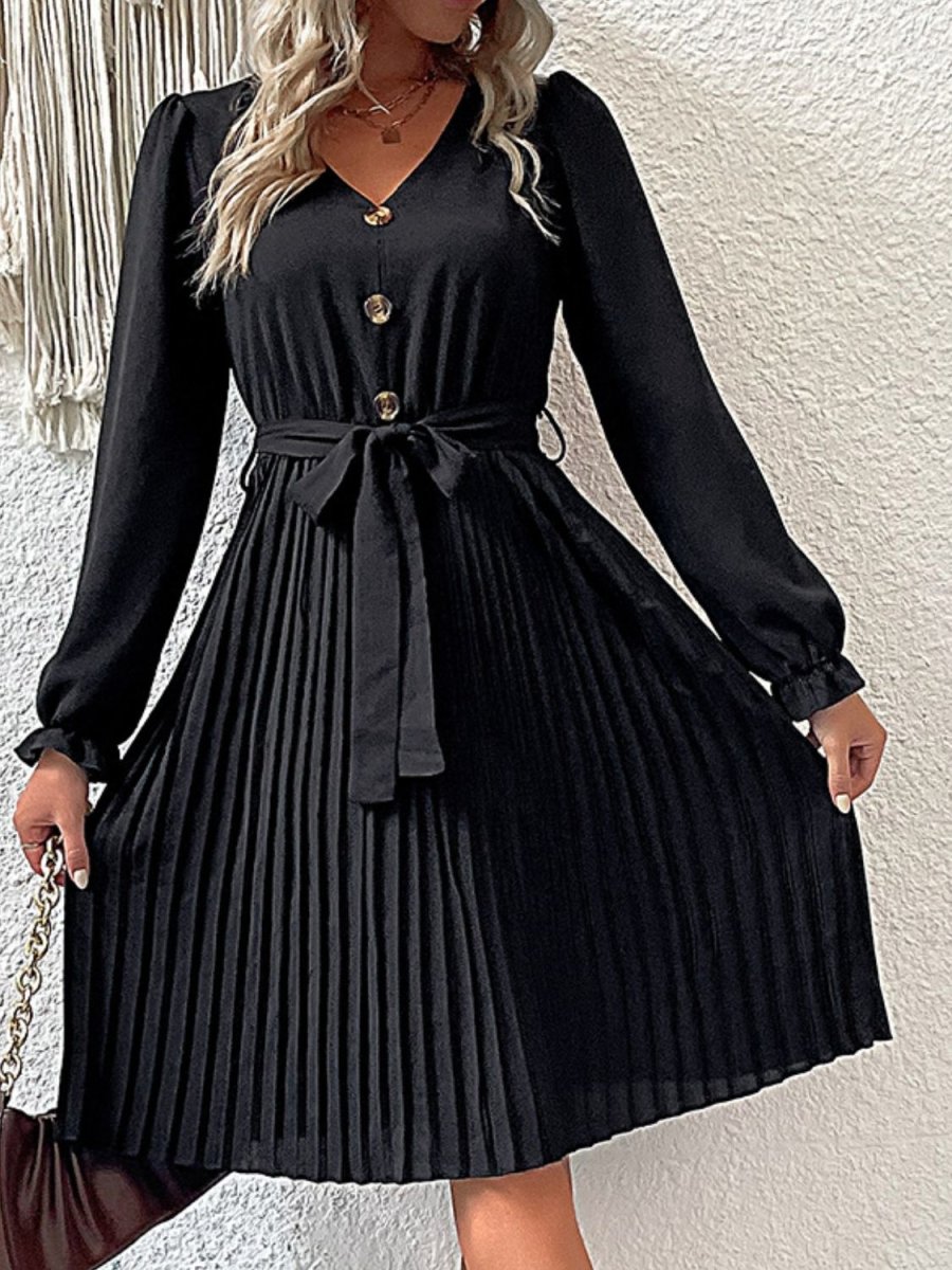 Decorative Button Belted Puff Sleeve Pleated Dress | 10010055238 - TapLike