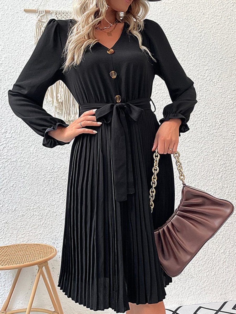 Decorative Button Belted Puff Sleeve Pleated Dress | 10010055238 - TapLike