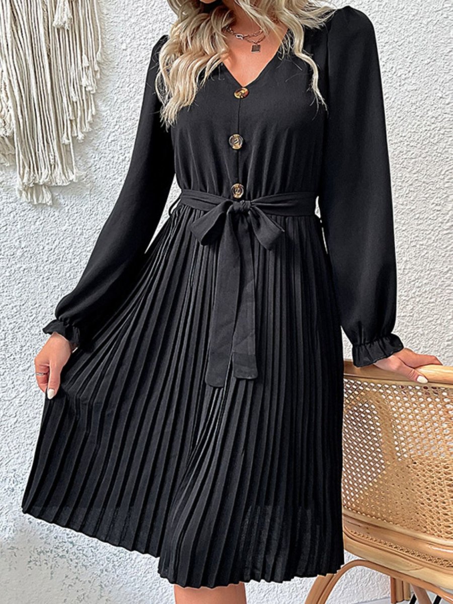 Decorative Button Belted Puff Sleeve Pleated Dress | 10010055238 - TapLike