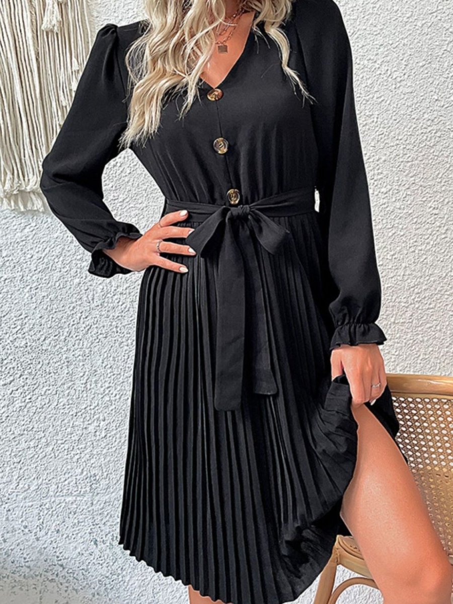 Decorative Button Belted Puff Sleeve Pleated Dress | 10010055238 - TapLike