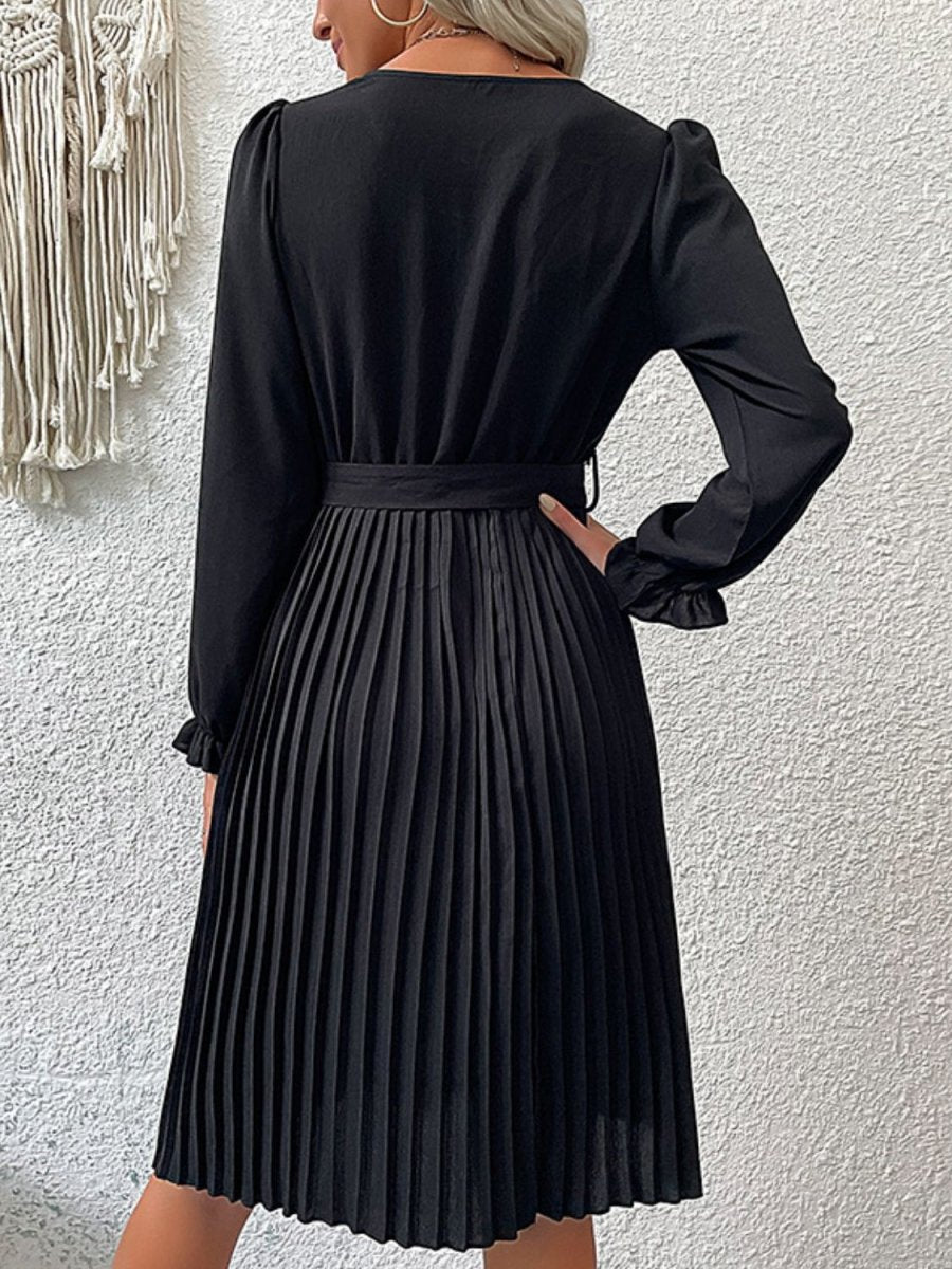Decorative Button Belted Puff Sleeve Pleated Dress | 10010055238 - TapLike