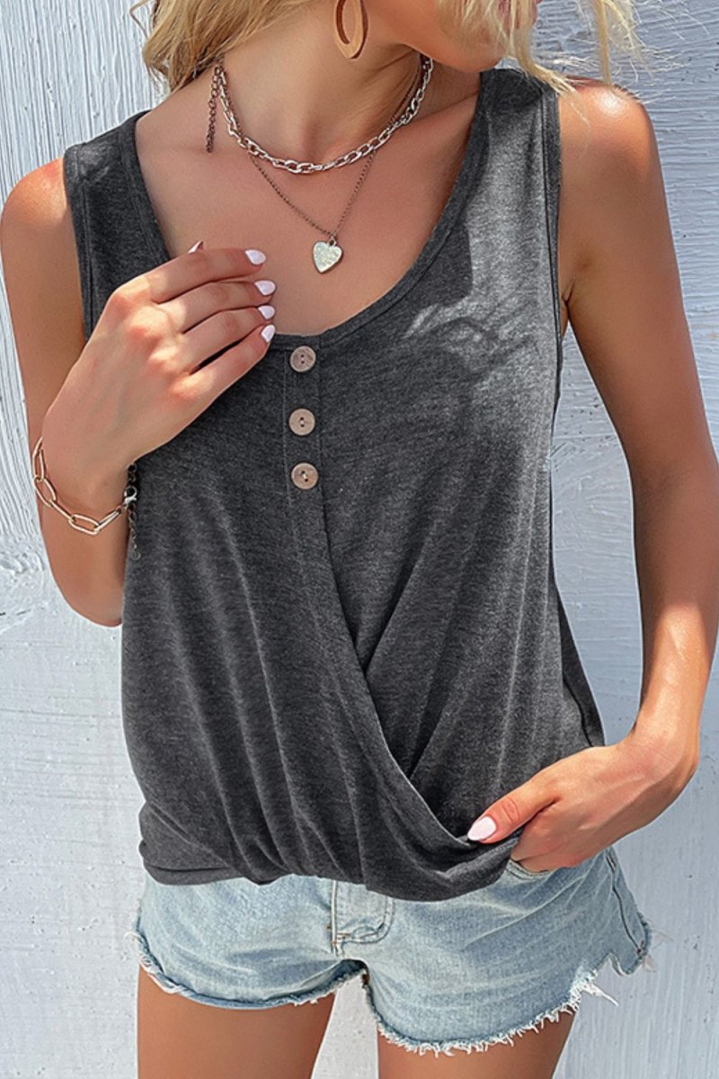 Decorative Button Twisted Scoop Neck Tank - Taplike