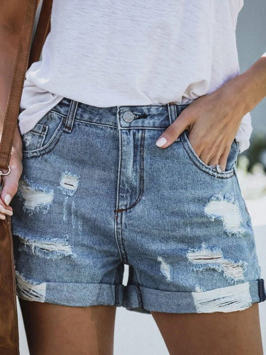 DESTROYED HIGH STRETCH DENIM SHORTS - Taplike