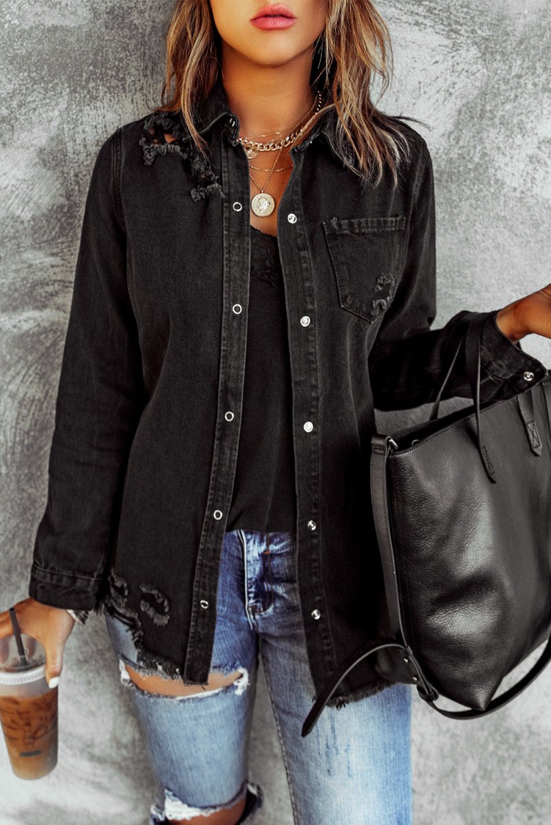 Distressed Snap Down Denim Jacket | 10010072004 - TapLike