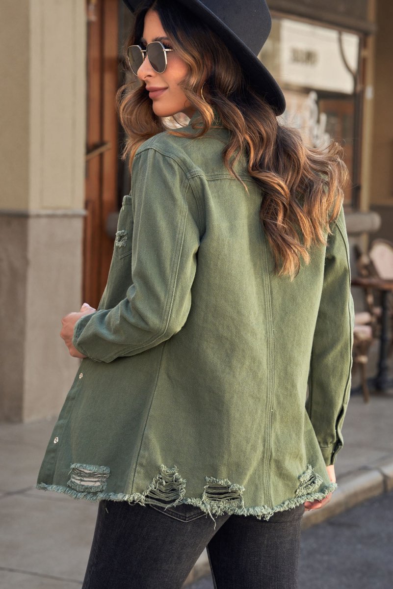 Distressed Snap Down Denim Jacket | 10010072004 - TapLike