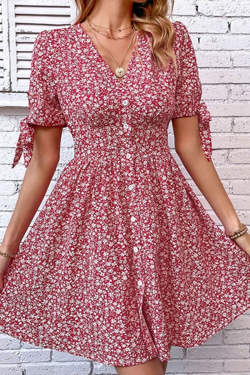 Ditsy Floral Tied Puff Sleeve Button Front Dress 10010066368 - TapLike