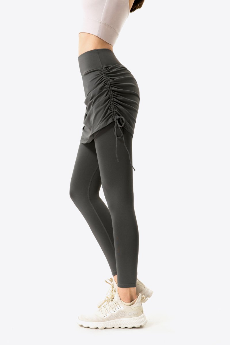 Drawstring Ruched Faux Layered Yoga Leggings - TapLike