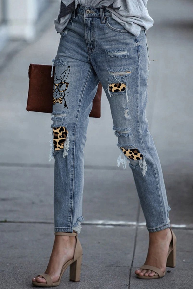 Easter Leopard Patch Bunny Graphic Jeans - TapLike