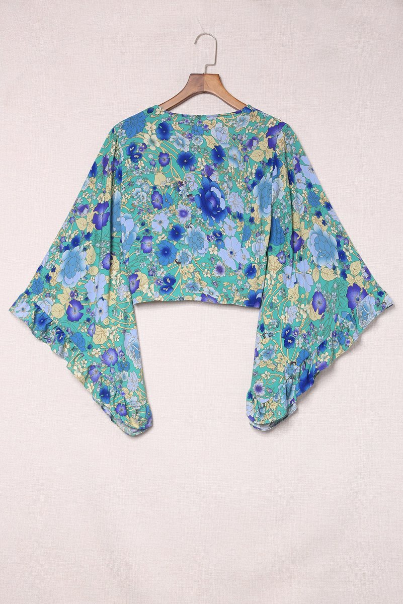 Floral Bell Sleeve Surplice Cropped Blouse - TapLike