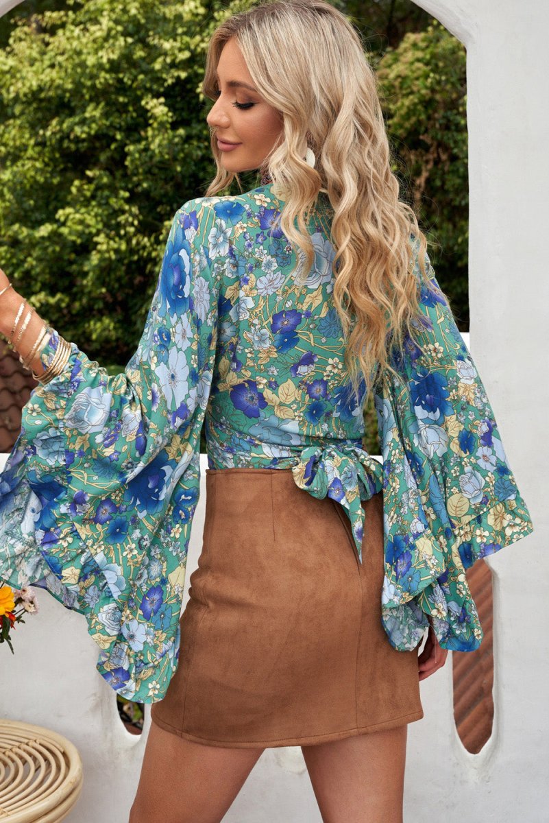 Floral Bell Sleeve Surplice Cropped Blouse - TapLike