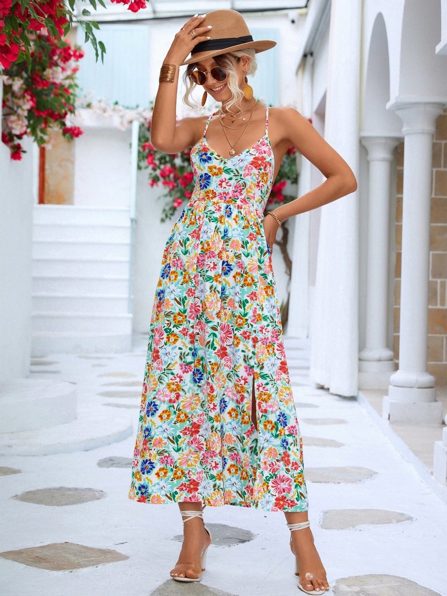 Floral Crisscross Backless Split Dress | 10010099193 - TapLike