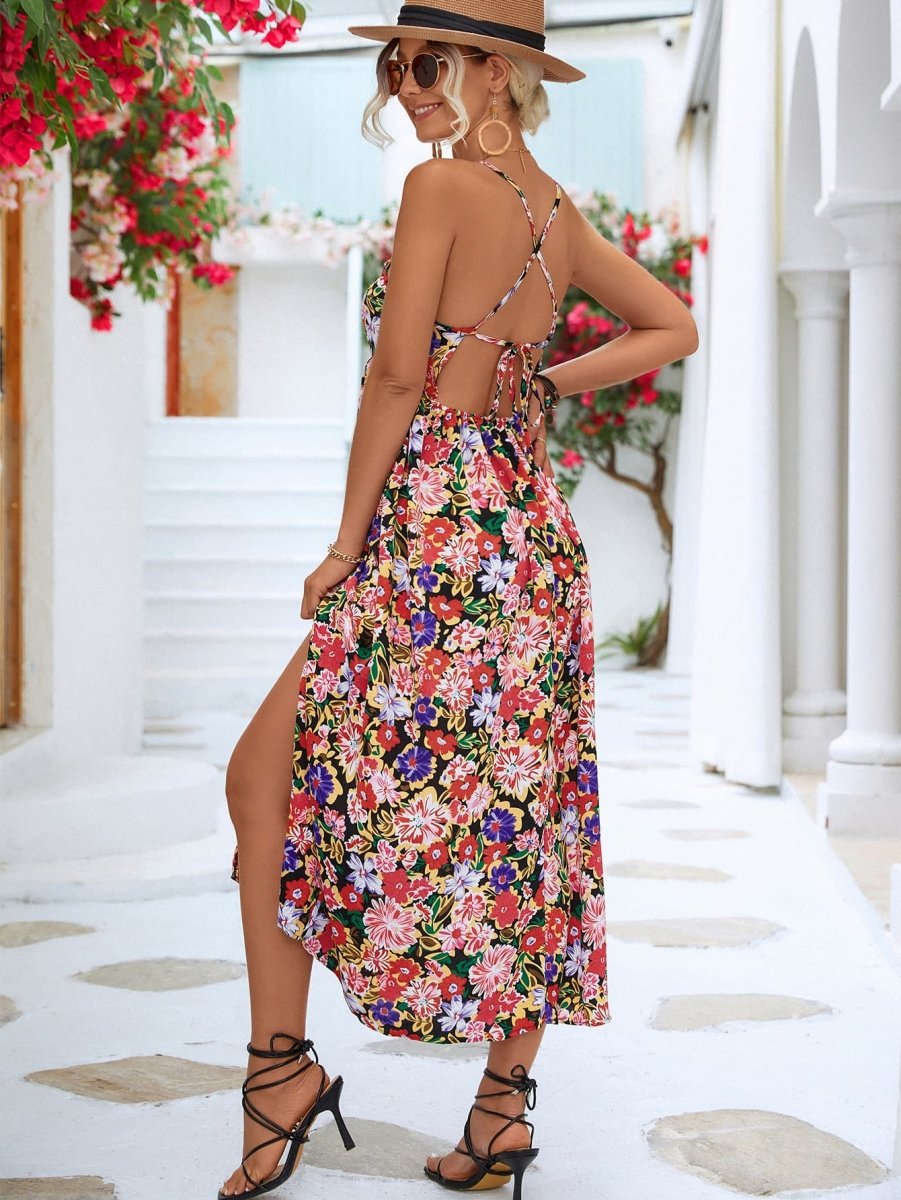 Floral Crisscross Backless Split Dress | 10010099193 - TapLike