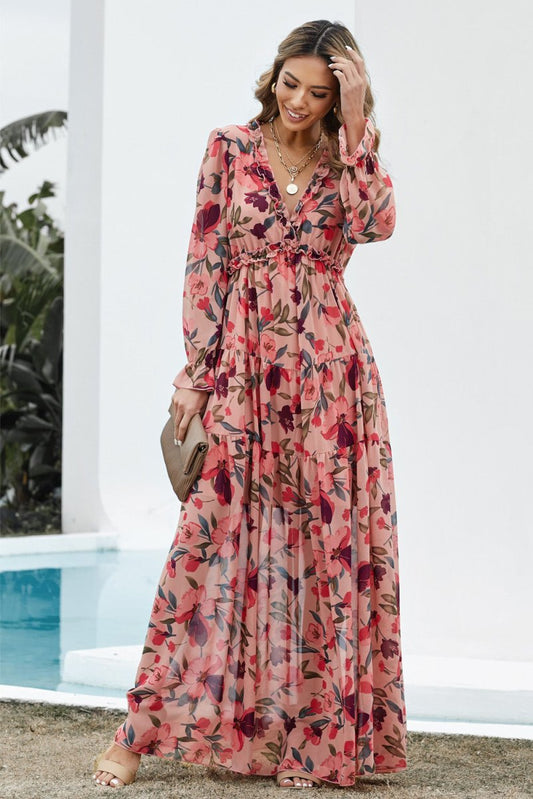 Floral Frill Trim Flounce Sleeve Plunge Maxi Dress - Taplike