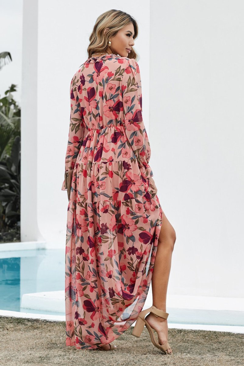 Floral Frill Trim Flounce Sleeve Plunge Maxi Dress - Taplike